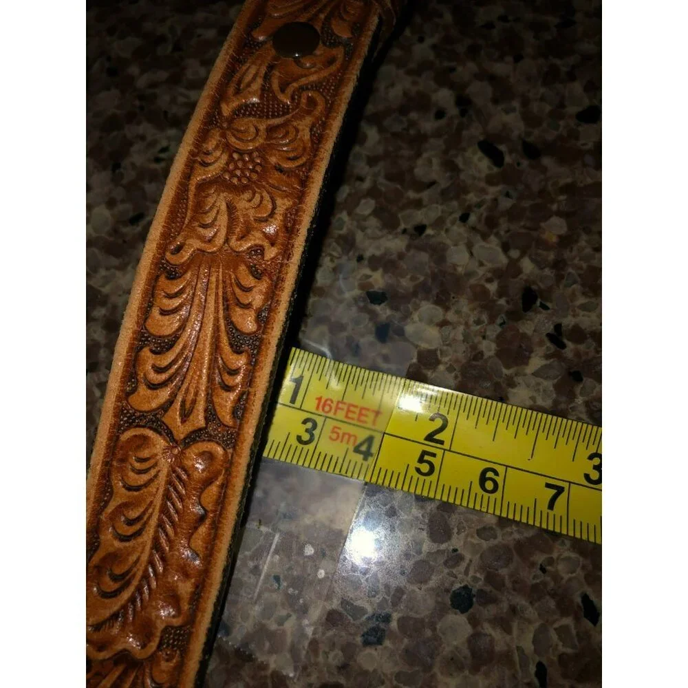 Vintage Big John Belt Tooled Full Grain Brown Saddle Leather Brass Buckle Sz 36